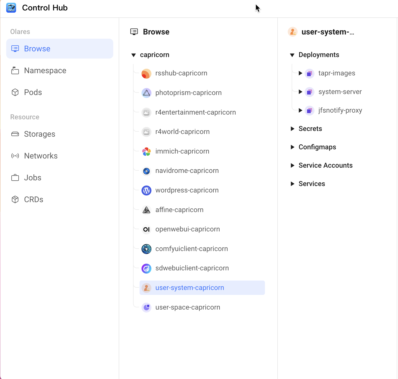 View running pods in Control Hub