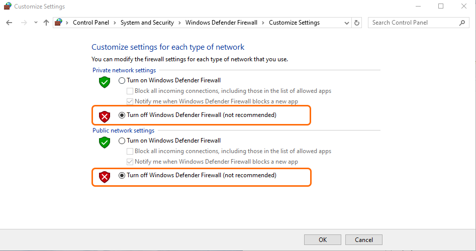 Turn off Windows Defender Firewall